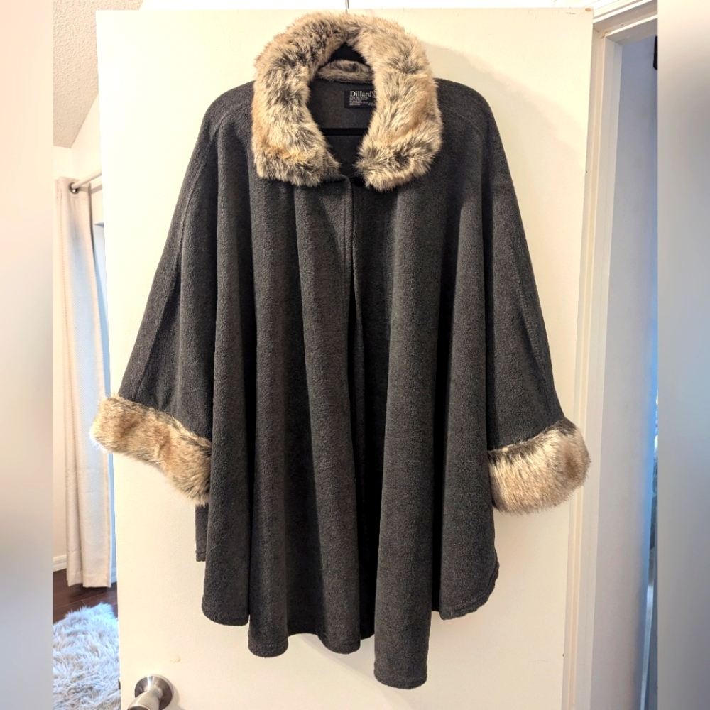 Dillard's Faux Fur Fleece Poncho - O/S - Charcoal